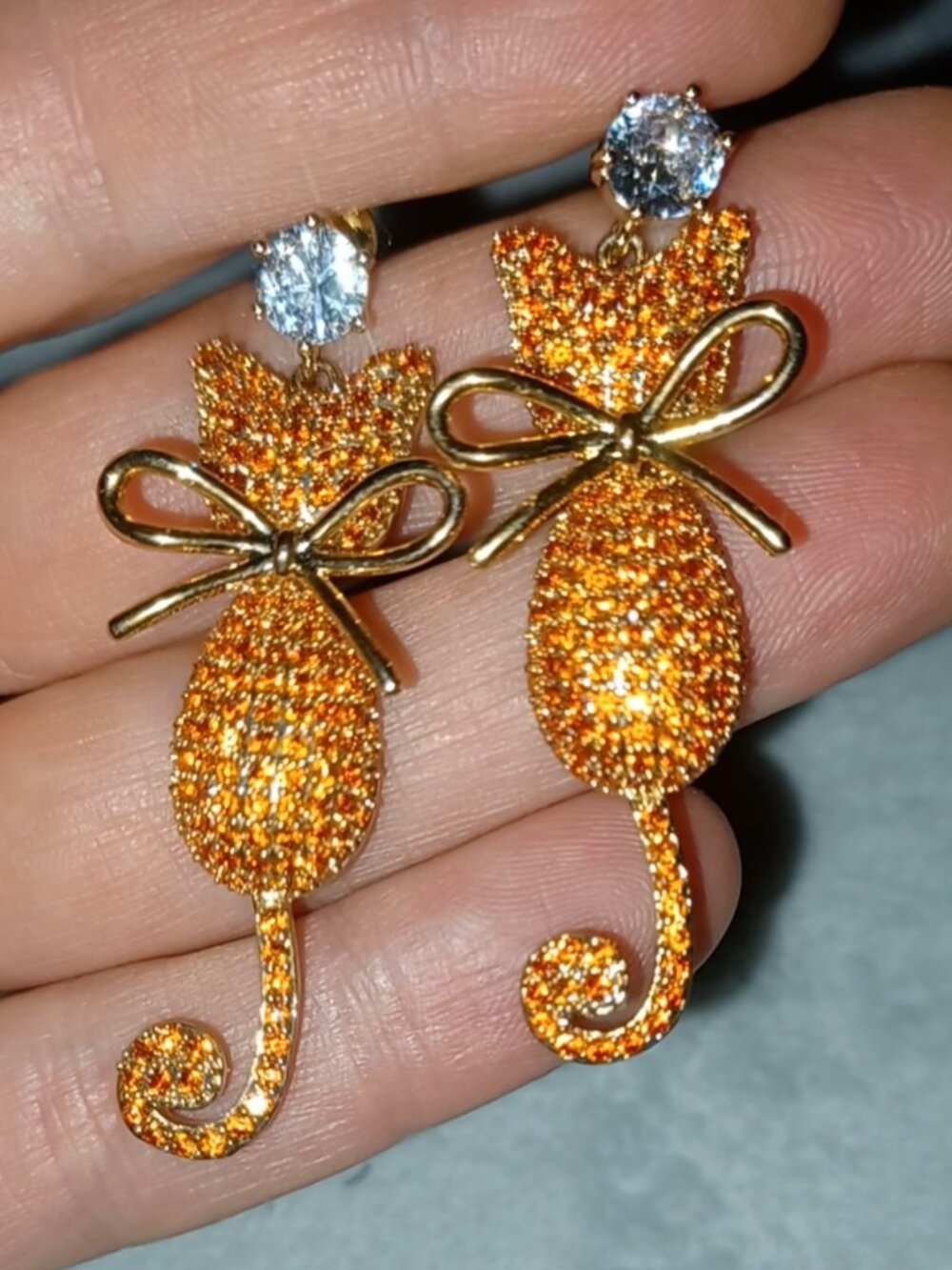 Rhinestone Cat Dangle Earrings